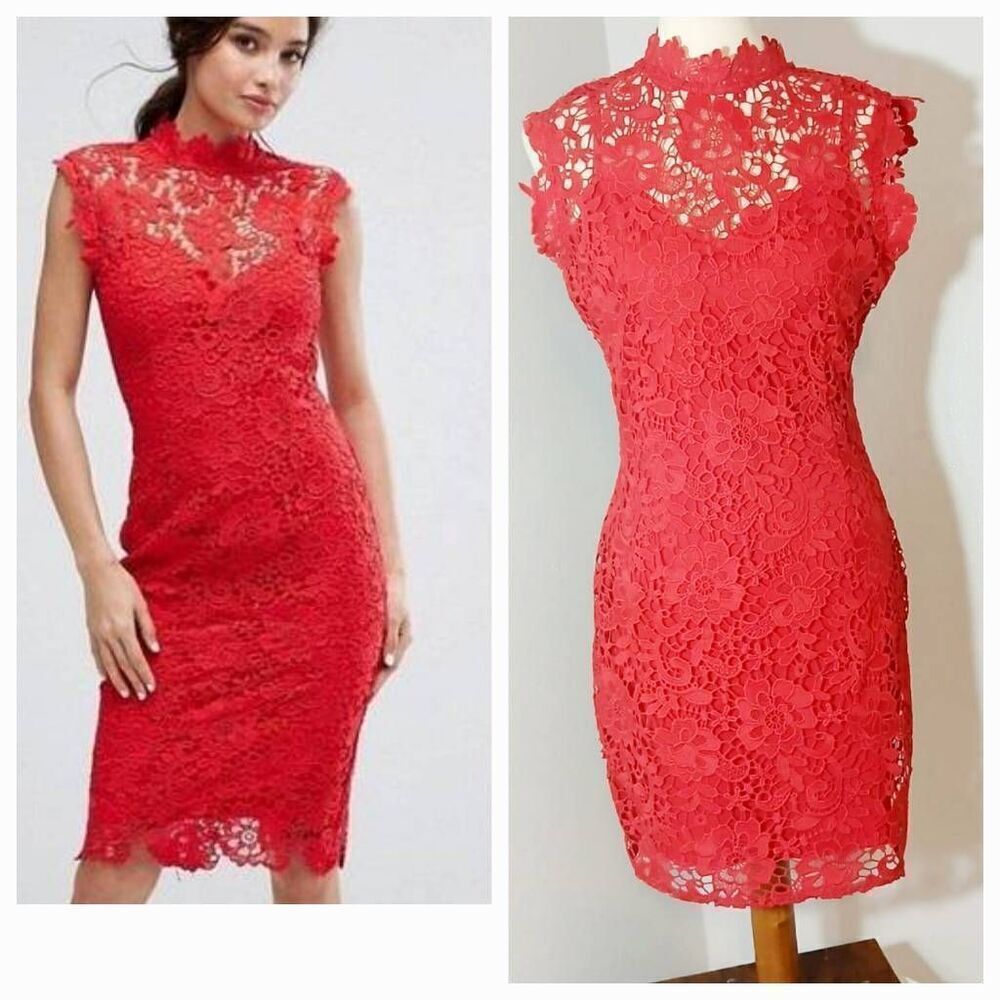 Paper Dolls London Red Sheath Lace Midi Dress Size 10